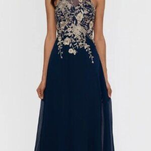 Petite "Celeste" Long Embroidered Chiffon Gown- Black Betsy and Adam